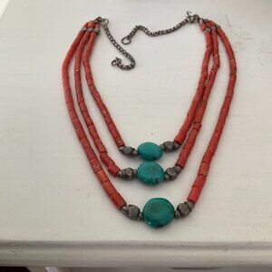 Handmade Vintage Raw red coral and turquoise necklace